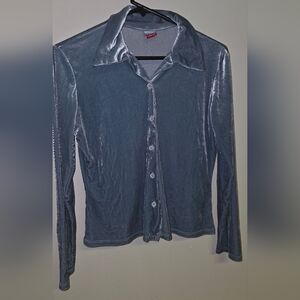 Light Blue Soft Velvet Long Sleeved Button Front Top